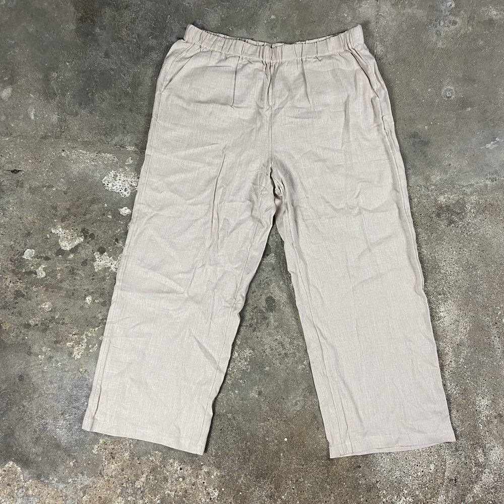 Appleseed's Petites Linen Woven Pants LPS Beige Elastic Waist Straight Ankle‎